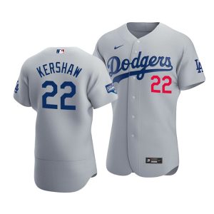 MLB Los Angeles Dodgers #22 Clayton Kershaw 2020 Grey World Series Champions Patch Jersey