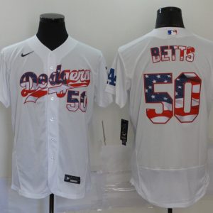 MLB Los Angeles Dodgers White #50 Mookie Betts USA Flag Flexbase Jersey