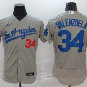 MLB Los Angeles Dodgers #34 Valenzuela Grey Flex Base Elite Jersey