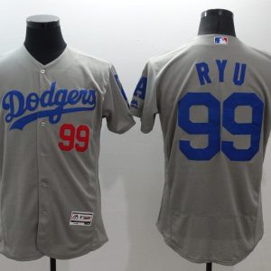 Majestic MLB Los Angeles Dodgers #99 Ryu Elite Grey Jersey