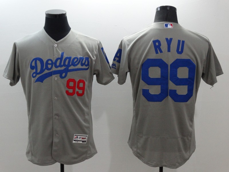 Majestic MLB Los Angeles Dodgers #99 Ryu Elite Grey Jersey