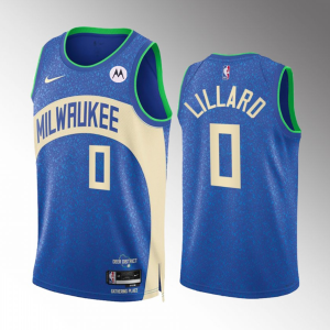 Men's Milwaukee Bucks #0 Damian Lillard Blue 2023/24 City Edition Stitched Basketball Jersey
