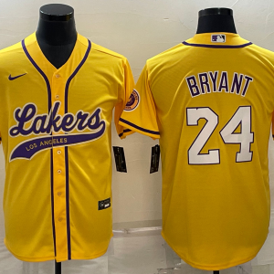 Men's Los Angeles Lakers Front #8 Back #24 Kobe Bryant Yellow Baseball Jersey