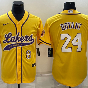 Men's Los Angeles Lakers Front #8 Back #24 Kobe Bryant Yellow Baseball Jersey