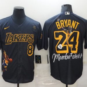 Los Angeles Lakers Front #8 Back #24 Kobe Bryant Black With KB Patch Baseball Jersey