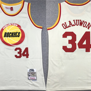Men's Houston Rockets #34 Hakeem Olajuwon White Mitchell & Ness Hardwood Classics Jersey