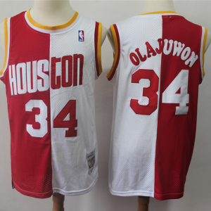 NBA Rockets 34 Hakeem Olajuwon Red White Split 1993-94 Hardwood Classics Men Jersey