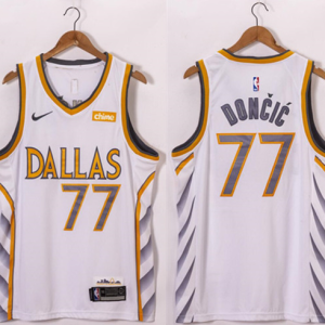 NBA Dallas Mavericks #77 Luka Doncic White City Edition Gold Silver Logo Jersey