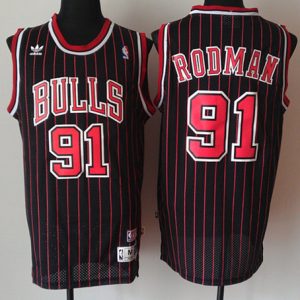#91 Rodman black with Red Chicago Bulls stripe mesh Jersey