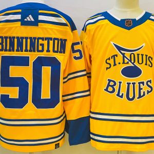 Men's St. Louis Blues #50 Jordan Binnington Yellow 2022-23 Reverse Retro Jersey