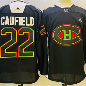 Men's Montreal Canadiens #22 Cole Caufield 2022 Black Warm Up History Night Stitched Jersey