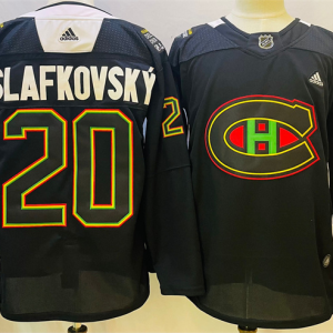 Men's Montreal Canadiens #20 Juraj Slafkovsky 2022 Black Warm Up History Night Stitched Jersey