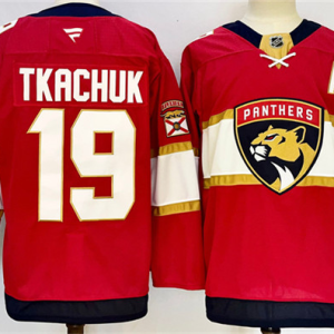Men's Florida Panthers #19 Matthew Tkachuk Red 2024-25 Home With A Patch Stitched Jersey