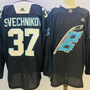 Men's NHL Carolina Hurricanes #37 Andrei Svechnikov 2022 Black Warm-Up Adidas Jersey