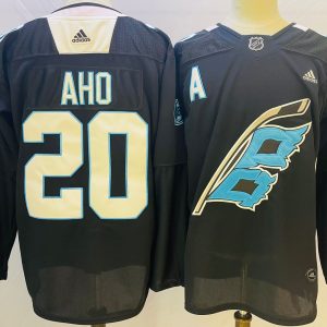 Men's NHL Carolina Hurricanes #20 Sebastian Aho 2022 Black Warm-Up Adidas Jersey