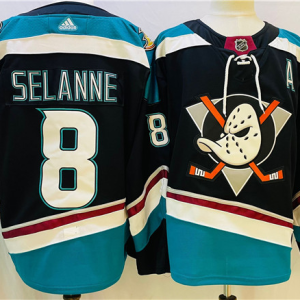 Men's Anaheim Ducks #8 Teemu Selanne Black/Teal Stitched Jersey