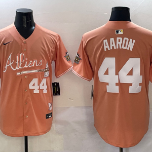Men's Atlanta Braves #44 Hank Aaron Peach 2024 Atliens & Peach With Outkast Patch Vapor Jersey