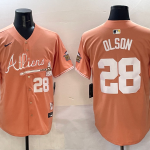 Men's Atlanta Braves #28 Matt Olson Peach 2024 Atliens & Peach With Outkast Patch Vapor Jersey
