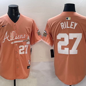 Men's Atlanta Braves #27 Austin Riley Peach 2024 Atliens & Peach With Outkast Patch Vapor Jersey