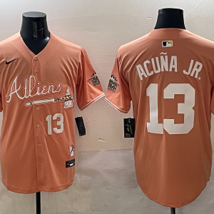 Men's Atlanta Braves #13 Ronald Acuña Jr. Peach 2024 Atliens & Peach With Outkast Patch Vapor Jersey