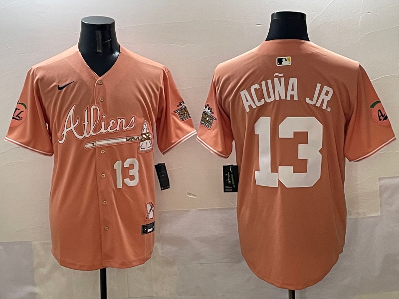Men's Atlanta Braves #13 Ronald Acuña Jr. Peach 2024 Atliens & Peach With Outkast Patch Vapor Jersey