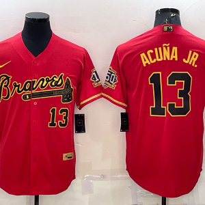 MLB Atlanta Braves #13 Ronald Acuna Jr. Red Gold Jersey