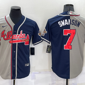 MLB Atlanta Braves #7 Dansby Swanson Gray Navy Two Tone Split Jersey