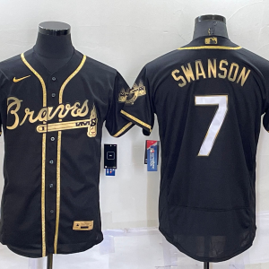 Men's Atlanta Braves #7 Dansby Swanson Black Golden Championship Jersey