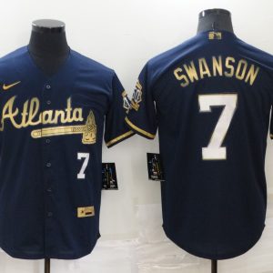 MLB Atlanta Braves #7 Dansby Swanson Navy/Gold Game Nike Jersey