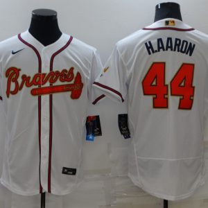 MLB Atlanta Braves #44 Hank Aaron 2022 White/Gold World Series Champions Program Flex Elite Jersey