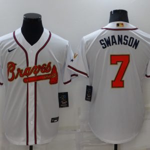 MLB Atlanta Braves #7 Dansby Swanson 2022 White/Gold World Series Champions Program Jersey