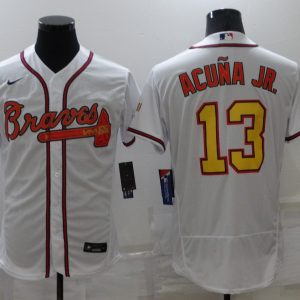 MLB Atlanta Braves #13 Ronald Acuña Jr. White Gold World Series Champions Flex Base Jersey