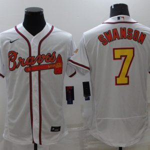 MLB Atlanta Braves #7 Dansby Swanson White Gold World Series Champions Flex Base Jersey