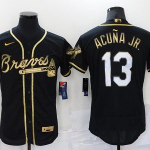 Men's Atlanta Braves White #13 Ronald Acuña Jr Black Gold Flex Elite Jersey