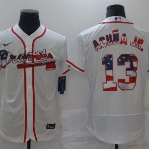 Men's Atlanta Braves White #13 Ronald Acuña Jr 2020 Stars & Stripes Flex Elite Jersey