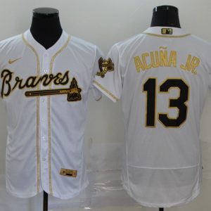 MLB Atlanta Braves #13 Ronald Acuña Jr 2020 White Golden Flex Base Stitched Jersey