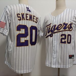 LSU Tigers #20 Paul Skenes Baseball white stripes jersey