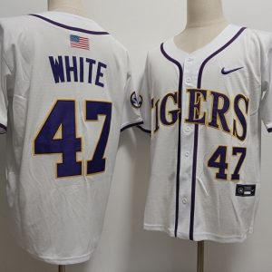 Mens LSU Tigers #47 Tommy White 2024 White Baseball Game Jersey jersey
