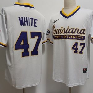 Mens LSU Tigers #47 Tommy White 2024 White Pullover Baseball Game Jersey jersey