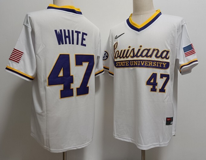 Mens LSU Tigers #47 Tommy White 2024 White Pullover Baseball Game Jersey jersey