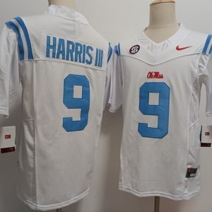Ole Miss Rebels #9 Tre Harris III White text in blue jersey