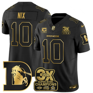 Men's Denver Broncos #10 Bo Nix Black With C/3X Super Bowl Champs Patch 2024 F.U.S.E. Vapor Limited Stitched Football Jersey