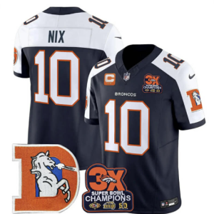 Men's Denver Broncos #10 Bo Nix Navy With C/3X Super Bowl Champs Patch 2024 F.U.S.E. Vapor Limited Stitched Football Jersey
