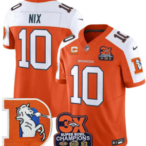 Men's Denver Broncos #10 Bo Nix Orange With C/3X Super Bowl Champs Patch 2024 F.U.S.E. Vapor Limited Stitched Football Jersey